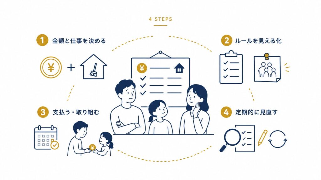 おこづかいプログラムの4ステップ：金額と仕事を決める、ルールを見える化、支払う・取り組む、定期的に見直すの循環サイクル