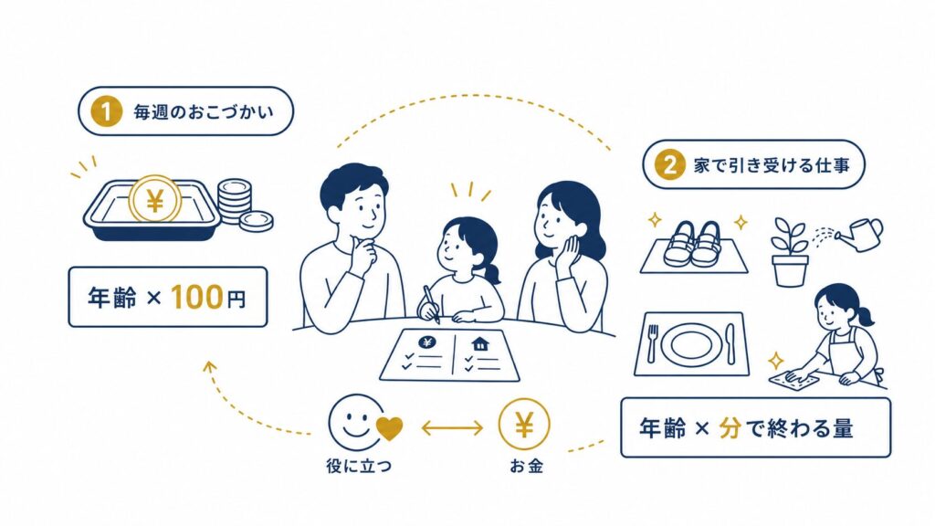 ステップ①おこづかいの仕組み：毎週のおこづかいは年齢×100円、家で引き受ける仕事は年齢×分で終わる量を親子で相談して決める