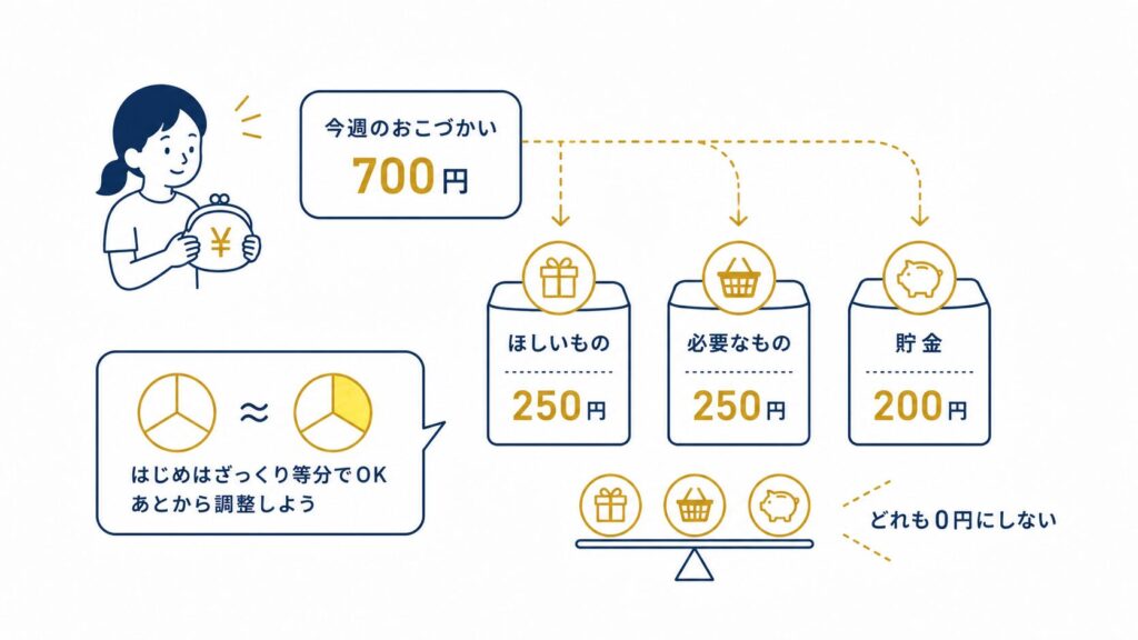 おこづかいの3分割ルール：週700円をほしいもの・必要なもの・貯金に配分。はじめは等分でOK、どれも0円にしない