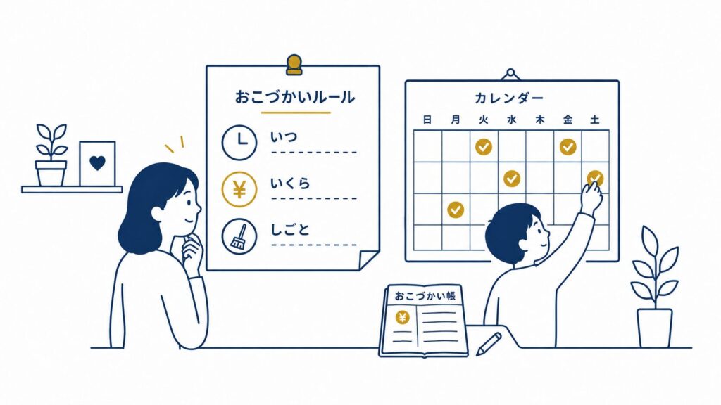 ステップ②ルールの見える化：おこづかいルール表を壁に掲示し、仕事完了をカレンダーにチェック、おこづかい帳で記録する
