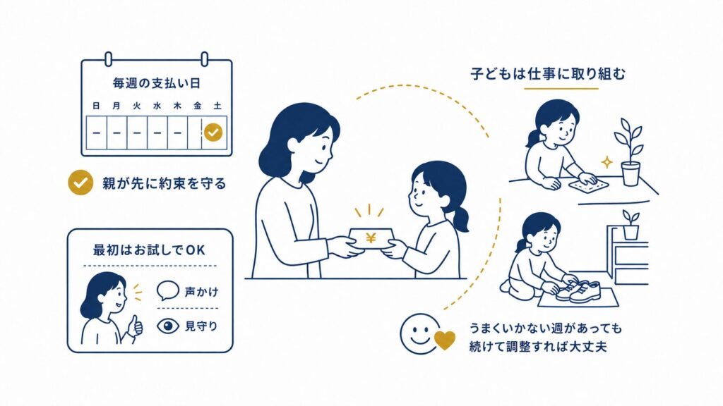 ステップ③実践：毎週の支払い日に親が先に約束を守り、子どもは仕事に取り組む。声かけと見守りで続ける