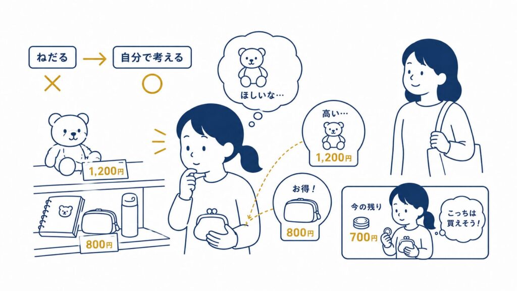 おこづかい前後の変化：ねだるから自分で考えるへ。お店で値段と残金を比べ自分で買えるものを選ぶ子どもの姿