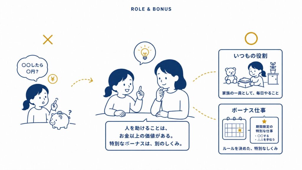 次女の交渉への対応：○○したら○円は×。いつもの役割は家族として毎日やること、ボーナス仕事は期間限定で別のしくみ