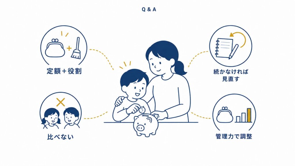 おこづかいのよくある疑問：定額+役割・続かなければ見直す・きょうだいを比べない・管理力で金額調整の4ポイント