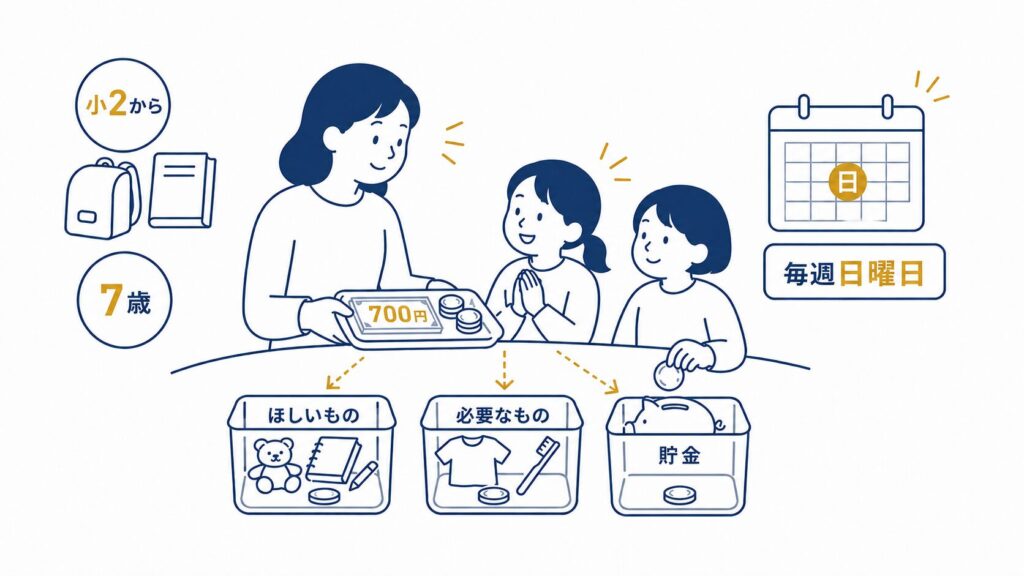 わが家のおこづかい実践：小2・7歳から毎週日曜日に700円。ほしいもの・必要なもの・貯金の3つの箱に親子で分ける