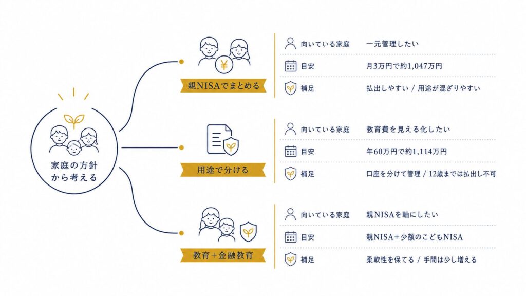 家庭タイプ別の教育費準備フローチャート:親NISAでまとめる・用途で分ける・教育と金融教育の3パターンと向いている家庭・投資目安を図解