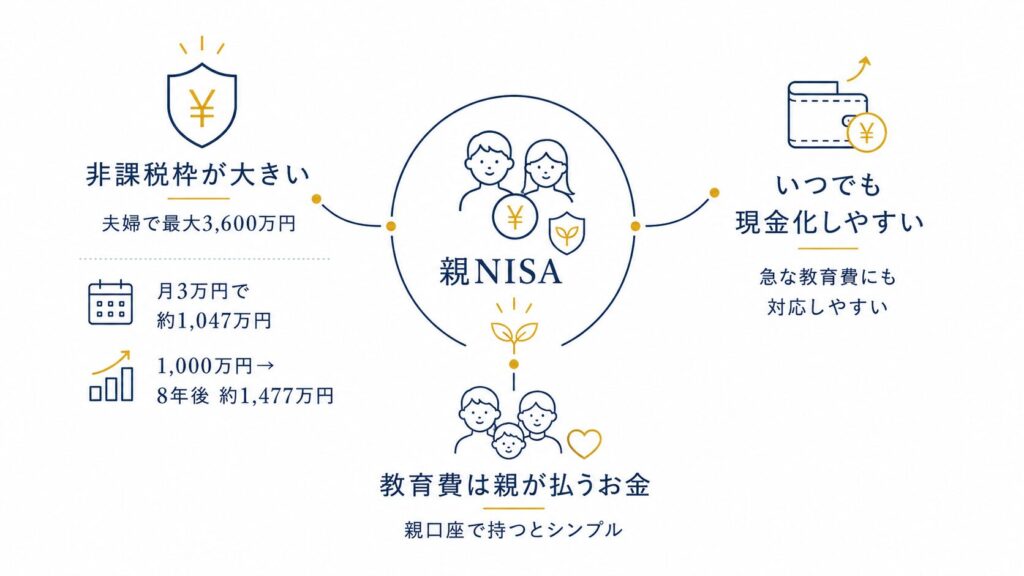 親NISAで教育費を準備する3つの理由:非課税枠が大きい(夫婦で最大3600万円)、いつでも現金化しやすい、教育費は親が払うお金で親口座がシンプル