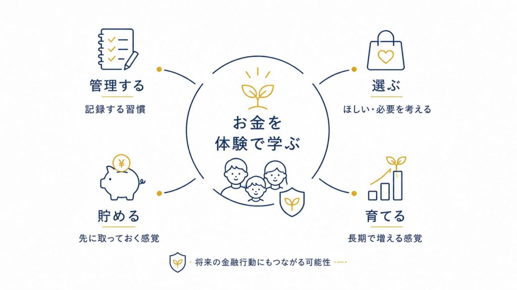 こどもNISAで学べる4つの力:管理する・選ぶ・貯める・育てるをお金の体験で身につけ、将来の金融行動につなげる図解