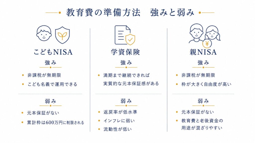 教育費の準備方法の強みと弱み比較図:こどもNISA・学資保険・親NISAそれぞれの強みと弱みを一覧で図解