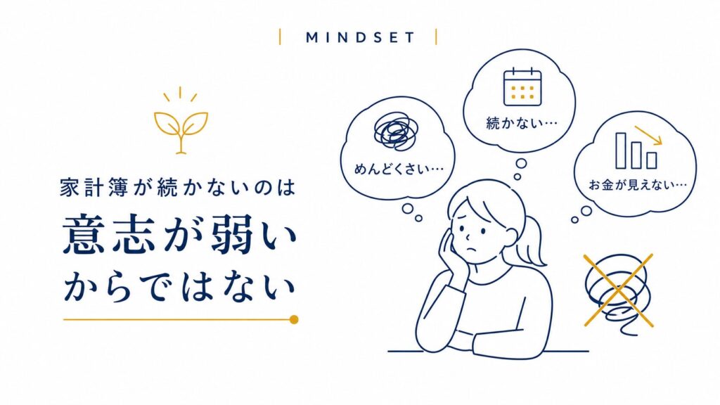 家計簿が続かない悩み(めんどくさい・続かない・お金が見えない)を表すイラスト