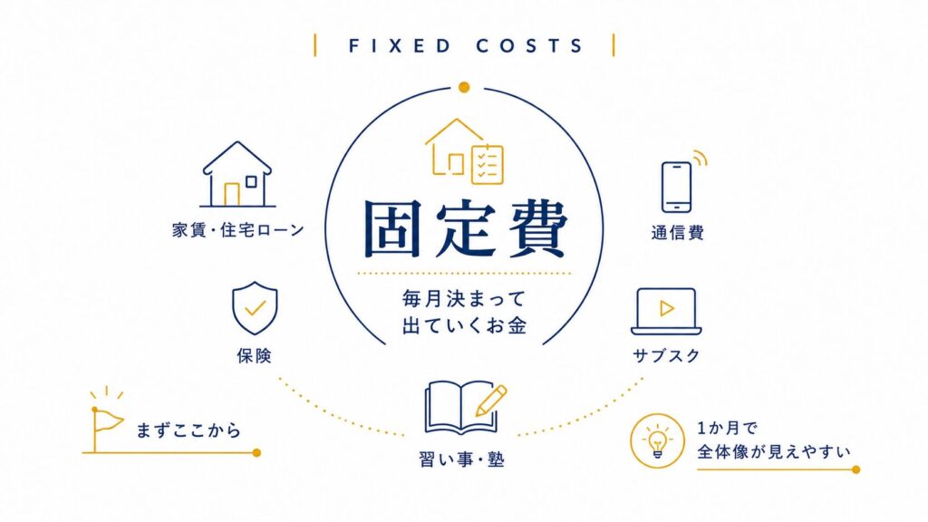 固定費の内訳(家賃・保険・通信費・サブスク・習い事)を示す図解
