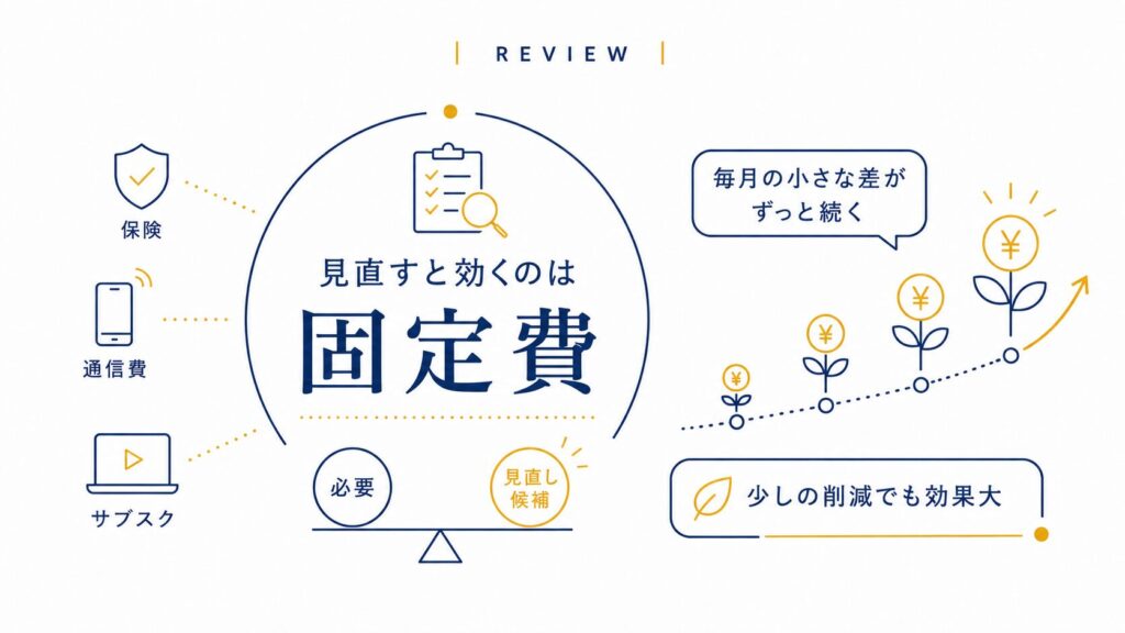 固定費を見直すと家計改善効果が大きいことを示す図解