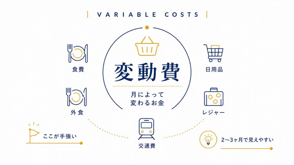 変動費の内訳(食費・日用品・外食・レジャー・交通費)を示す図解
