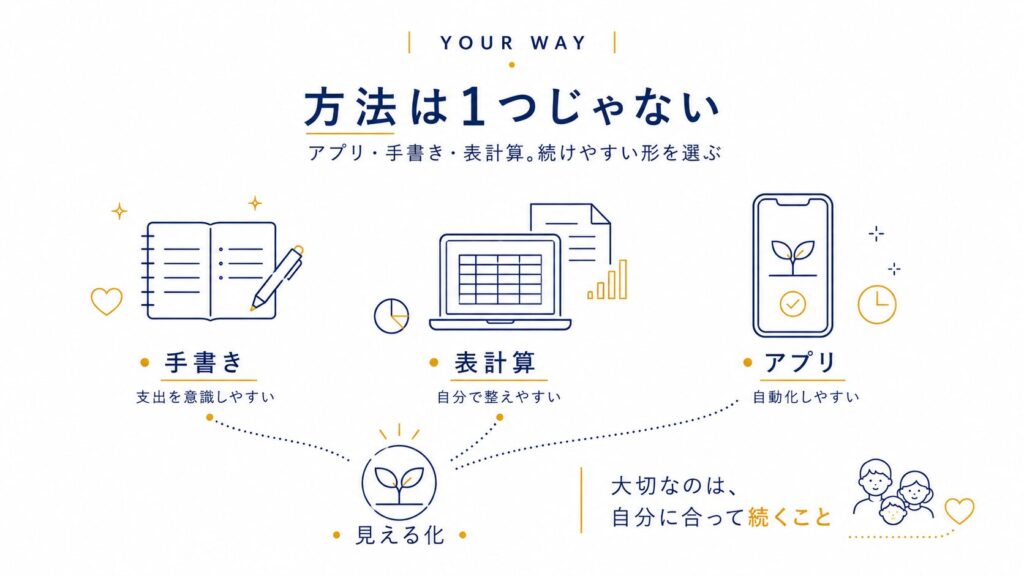 手書き・表計算・アプリの3つの家計簿の付け方を比較する図解